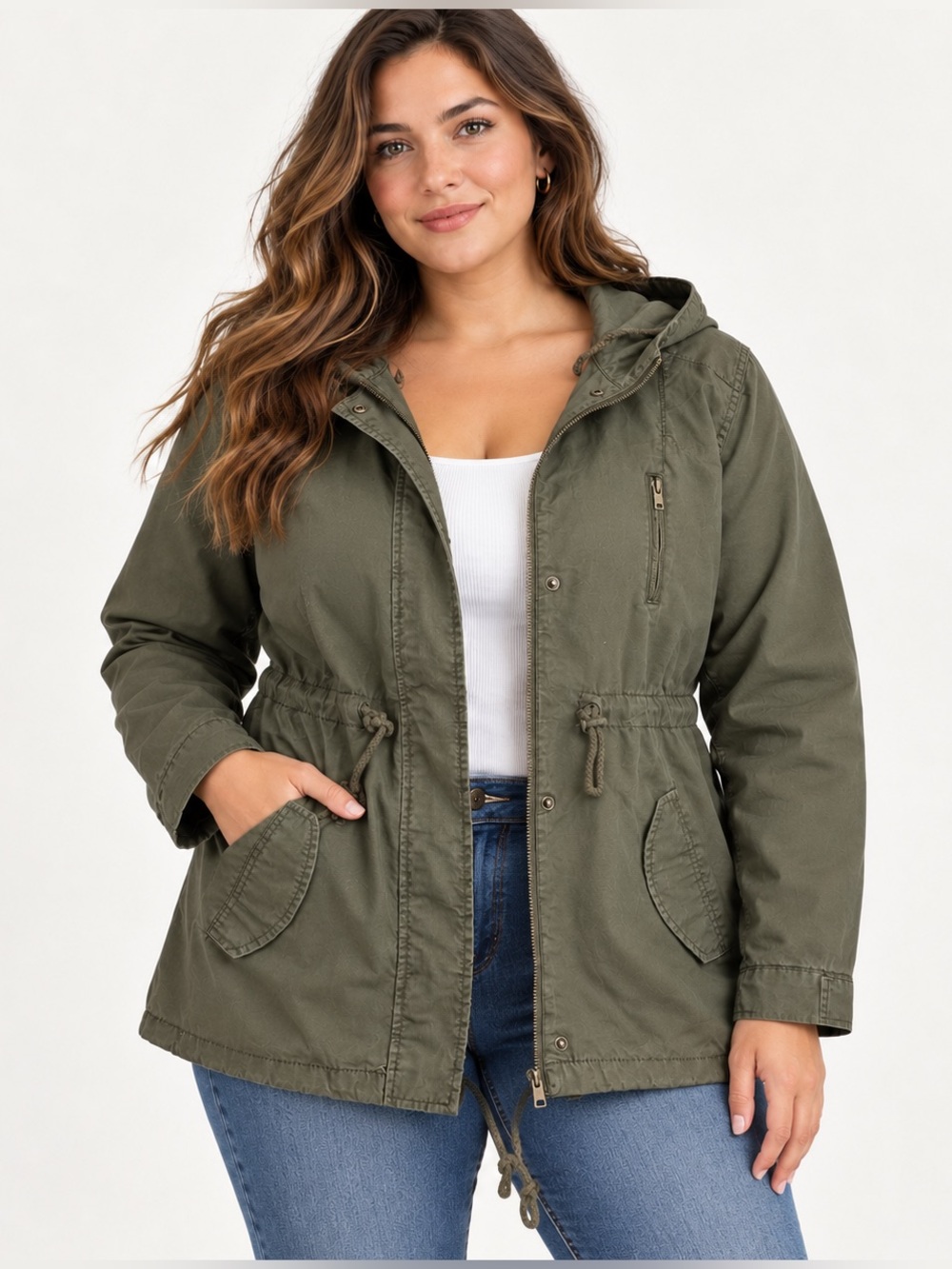 Ambiance Olive Green Utility Jacket Women’s Large Hooded Anorak Drawstring